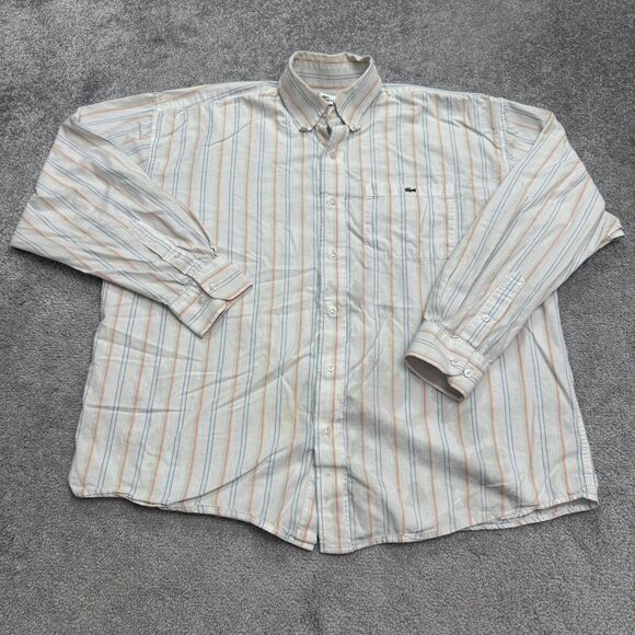 Lacoste Vintage 90's Button Down Shirt Mens XL White Red Blue Striped Cotton Y2K - Picture 1 of 16